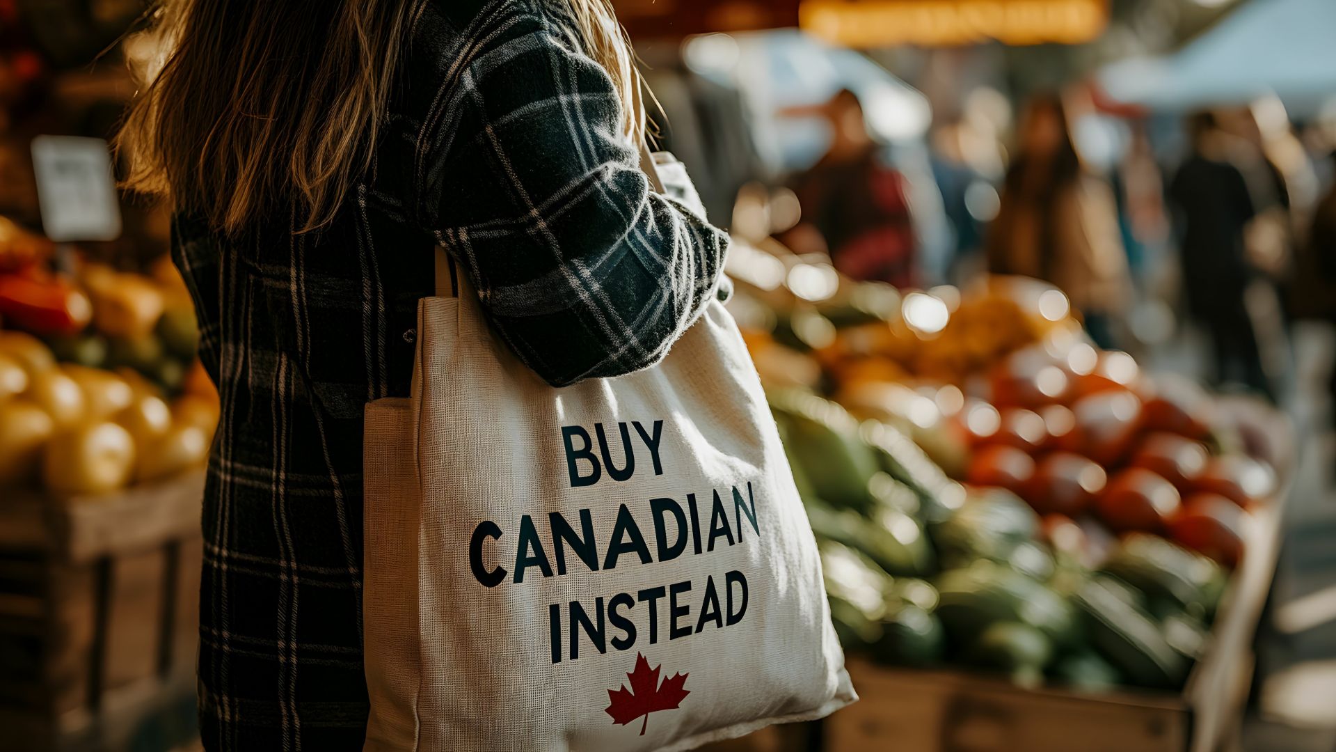 women with a bag that says buy canadian instead